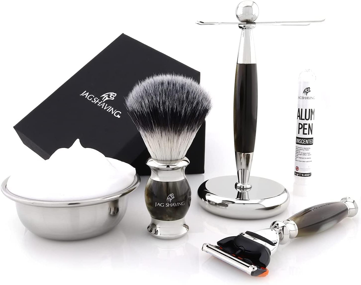 Jag Shaving Rasierset – 3-teiliges Rasierset – Jag's Lee Range – Synthetischer Silberspitzenhaar-Rasierpinsel – 5 Rasierklingen-Sicherheitsrasierer – Rasierständer – Grüne Hornimitation