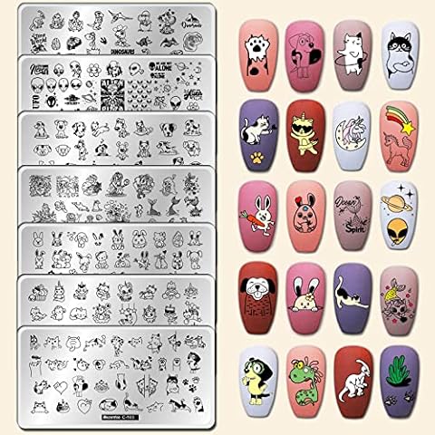 7 Stück Nagelschablonen Stempel Nageldesign Cute Animal Print Nagel Stamping Schablone Rostfreier Stahl Nagel Schablone Cat Unicorn Mermaid Image Nail Stamping Plate Stamping Set Nail Art Nagelstempel Cover