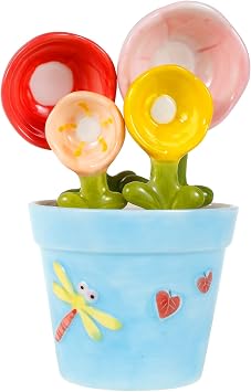 4Pcs Flower Measuring Spoons Set in Pot Cute Ceramic Measuring Spoons with Base Decorative Flower Pot Measuring Spoons and Cup Set Measuring Spoons with Capacity for Milk Powder Sugar Salt