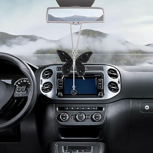 Miniatura 7 de Accesorios de automóvil con diamantes de mariposa brillantes, dijes de cristal para espejo retrovisor de automóvil para mujer, cubiertas universales