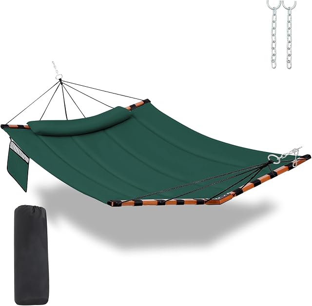 12FT 2 Hammock pour personne TegerDeger Grand hamac 450LB Capacité avec barre d'épandeur en bois franc en forme de V & Corde en nylon pour l'extérieur, Patio, Jardin, Cour arrière, Plage, Piscine - Vert foncé