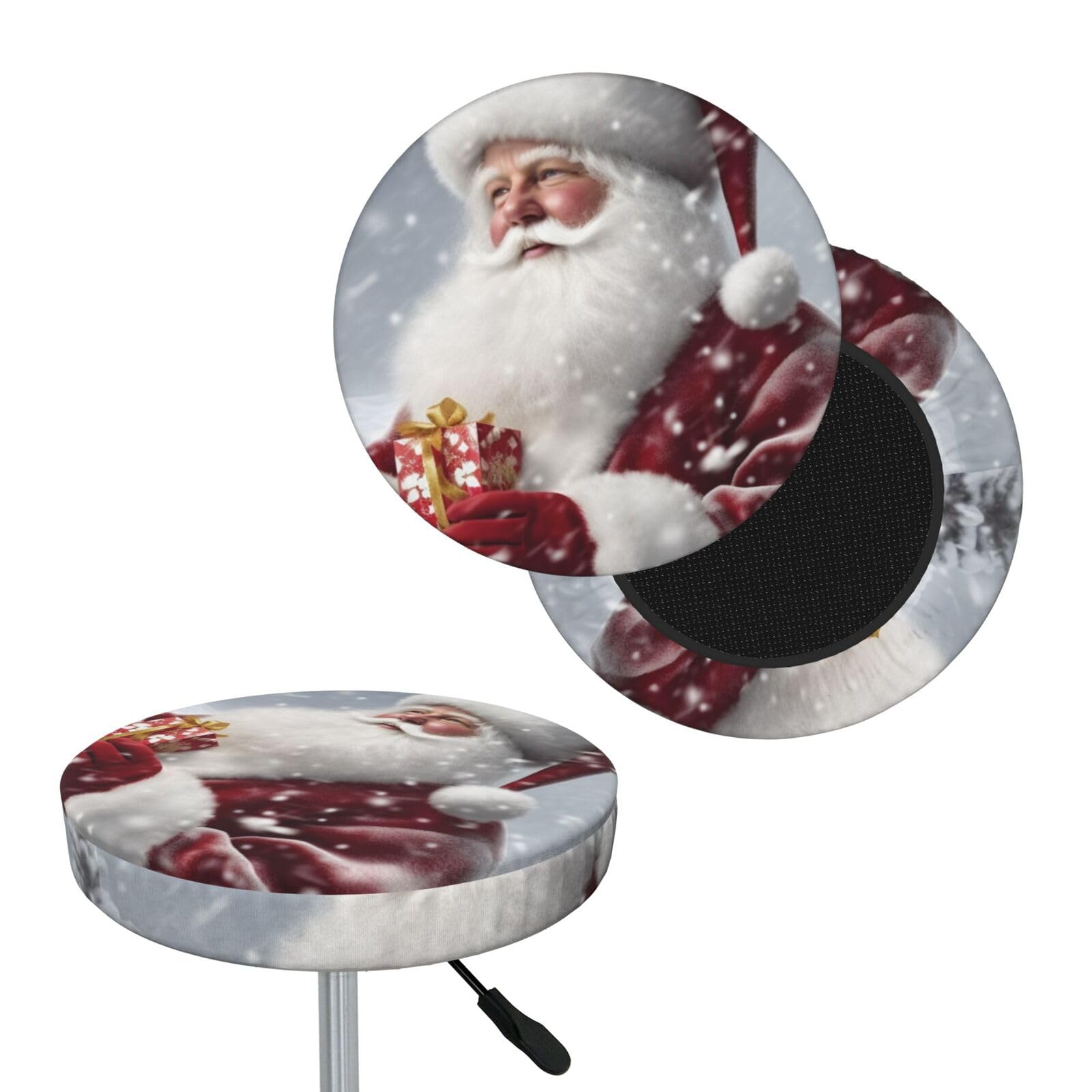 FodPand Santa Claus Snow Secenry Bar Stool Cover Round Elastic Stool Cushion Covers Washable Bar Stool Chair Slipcover Stretch Stool Seat Covers for 12-14 Inch Chair