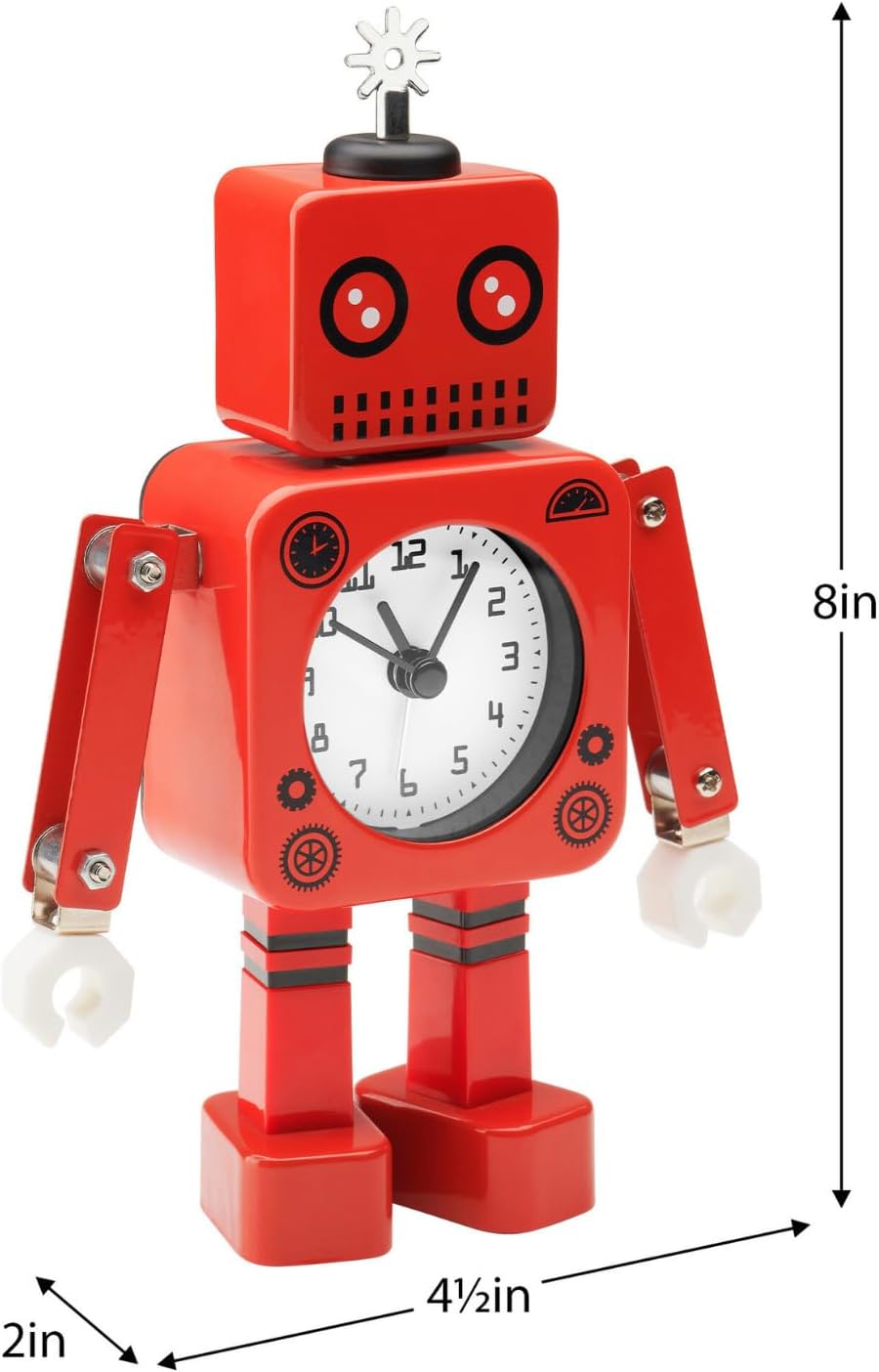 Torre & Tagus 8" Retro Robot Alarm Clock – Red Steel Metal Table Clock with Poseable Arms, Glass Lens, and Glossy Finish, Vintage-Inspired Decor and Novelty Timepiece for Home or Office