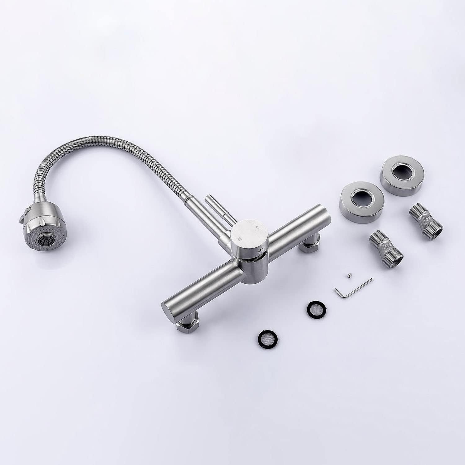 Wall Mount Kitchen Sink Faucet with Sprayer 8“ Inch Center, Brushed Nickle Stainless Steel Sink Mixer Tap, Laundry Utility Faucets with Dual Functional Sprayer