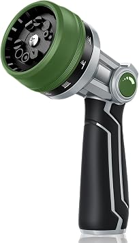 RAINPOINT Full-Metal Garden Hose Nozzle, Heavy Duty Water Hose Nozzle Sprayer With 10 Adjustable Patterns & High Flow,Thumb Control For Flow Adjustment, Ideal For Watering, Washing,Dark Green