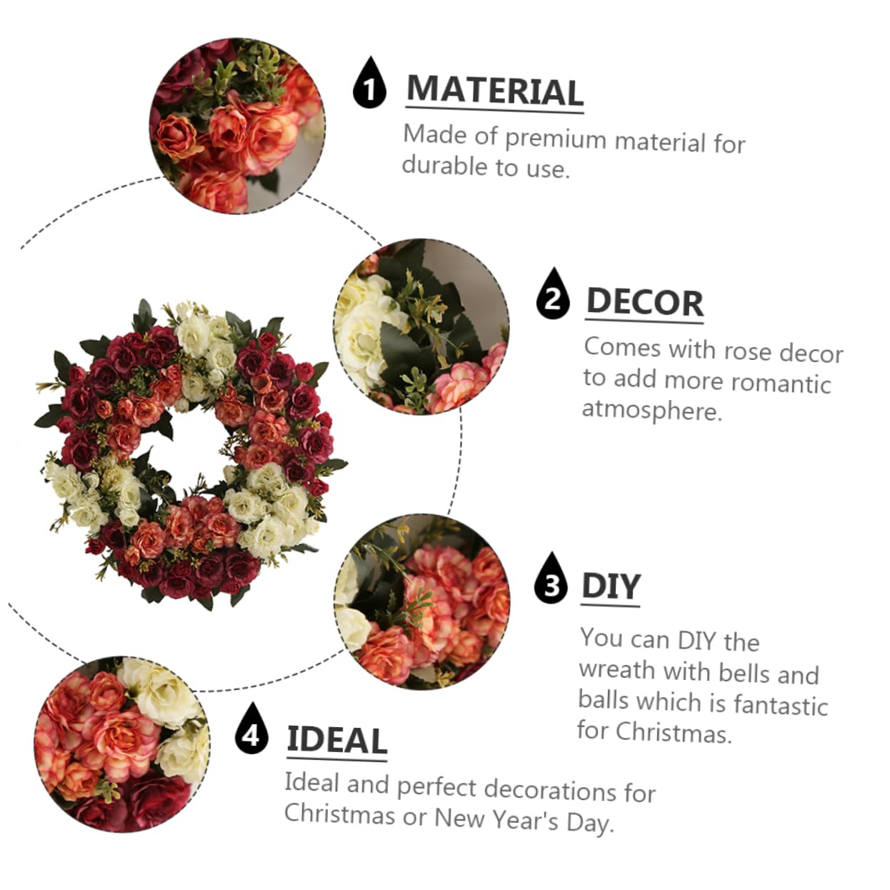 Künstlicher Rosenkranz aus Rattan und Seidengarn für Tür und Wand | Girlande für Hochzeit und Party, Rosen Deko für Weihnachten und Neujahr