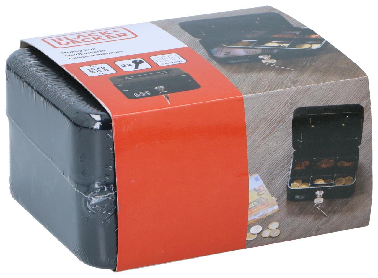BLACK+DECKER Salvadanaio con chiave – Cassetto estraibile con 6 scomparti – Include 2 chiavi – 20 x 16 x 9 cm – Metallo – Nero