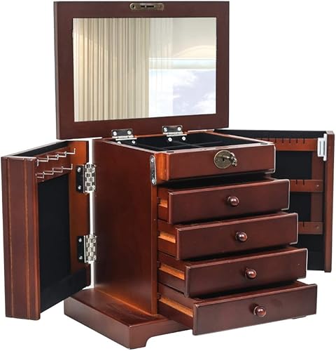 Organizador de joyas grande de madera, caja de almacenamiento de 5 capas con 4 cajones, color marrón (11.8 x 7.9 x 11 pulgadas)