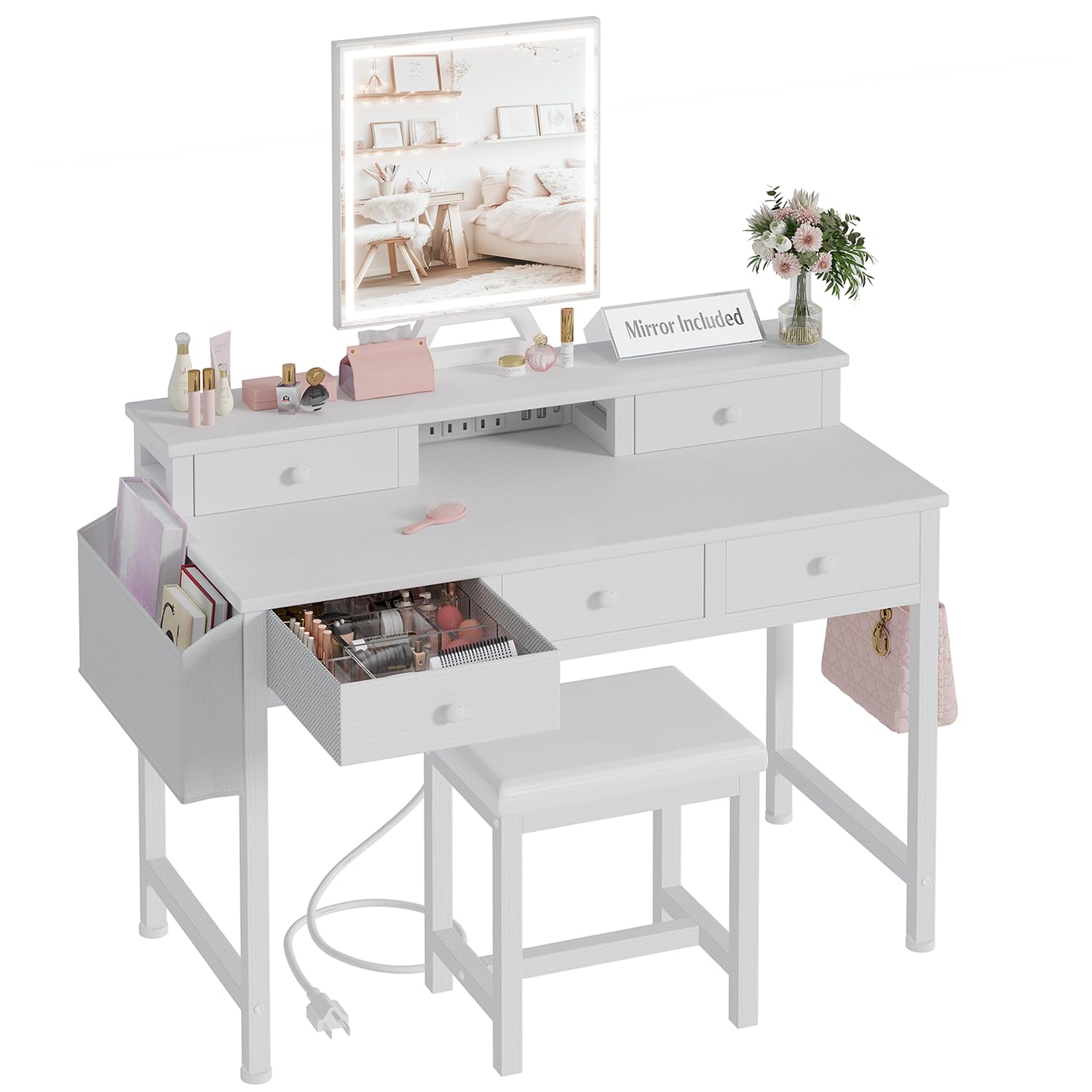 Condition photo showing New/Like New for white makeup vanity desk with mirror and lights, 40 inch girls vanity set with chair, make up dresser table with drawers and power outlet for bedroom small space