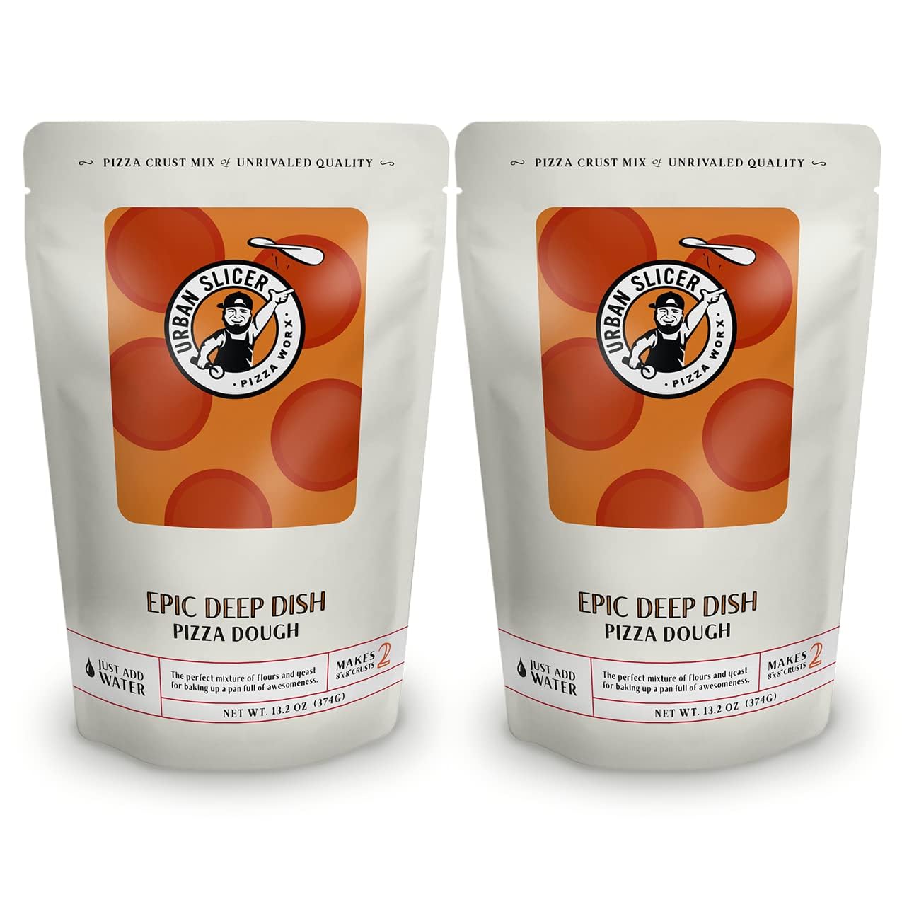 Urban Slicer Pizza Worx - Epic Deep Dish Pizza Dough - At-Home Pizza Making Kit for Authentic Hearty Crust - 13.2 oz. Bags - 2 Pack - Makes 4 Pizzas