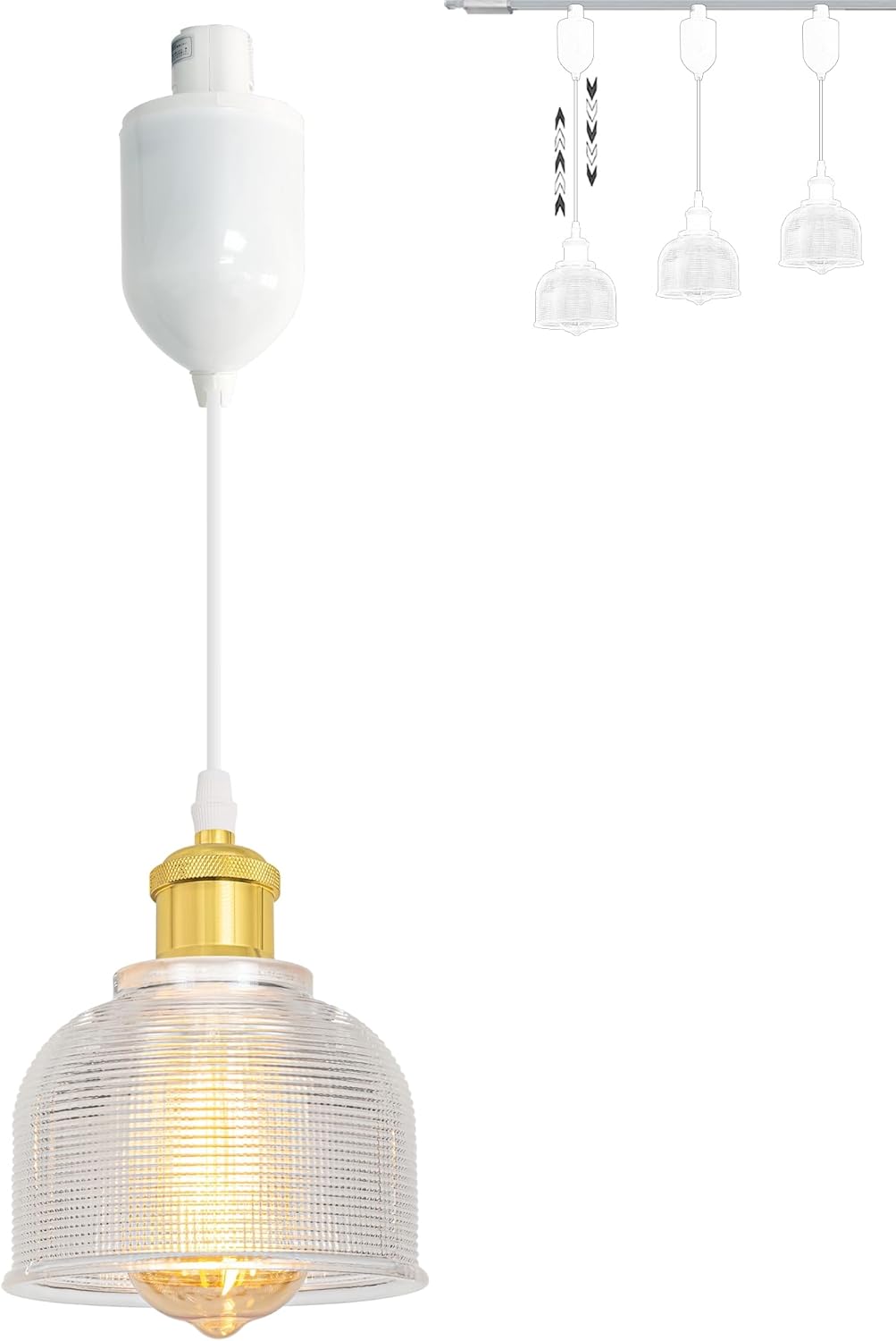 Adjustable Height H Type Track Lighting Polished Brass E26 Socket Striped Clear Dome Shape Glass Shade 4 Ft Dimmable Pendant Light Decorate for Plant Kitchen Island Customizable