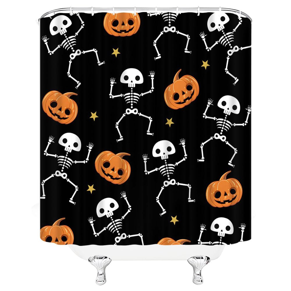 VPUPCN Halloween Skull Shower Curtain Cute Spooky Funny Skeleton Pumpkin Black and White Cartoon Kids Boys Haunted Holiday Polyester Curtains Bathroom Decor with Hooks 70
