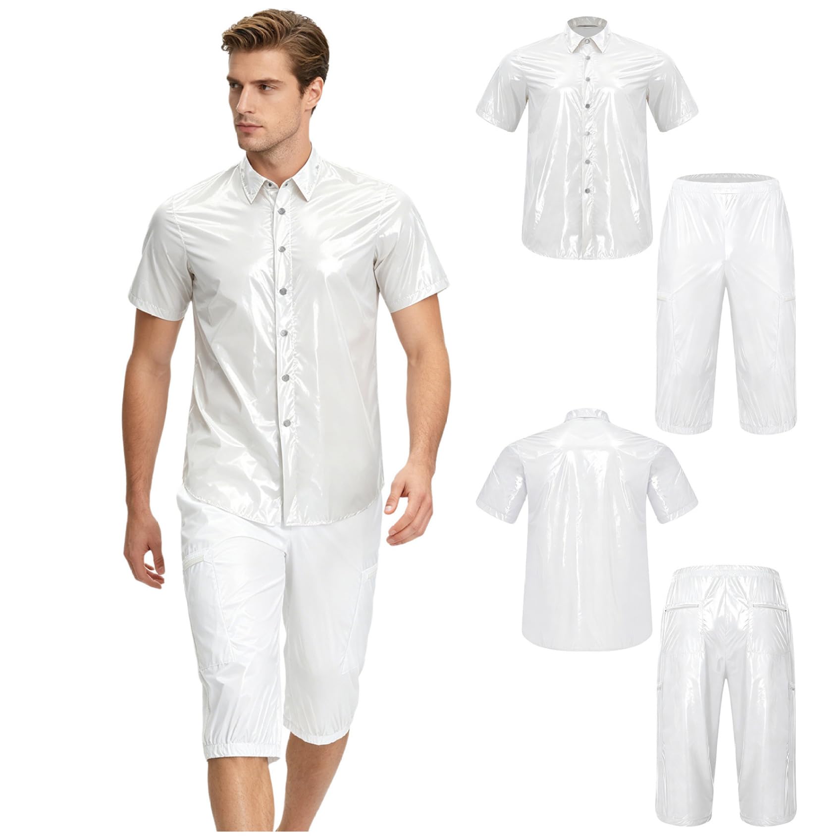 Uomo Look Wetlook Abito Due Pezzi Camicia E Pantaloni Corti Party Discoteca Outfit Bianco XXL