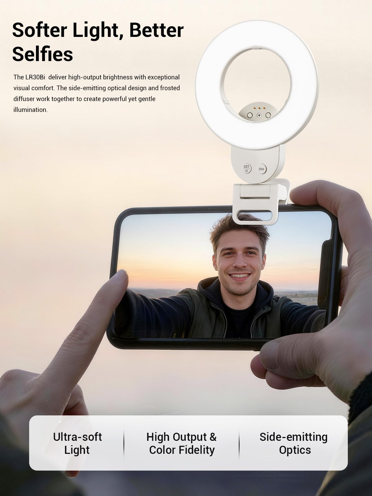GODOX Litemons LR30Bi Luce Selfie LED Ring Light, 2800K-6500K Anello Luce con Clip e Specchio, 5 Luminosità Regolabile, Illuminazione in Uscita Continua per Telefono Laptop Vlog Trucco Streaming Live