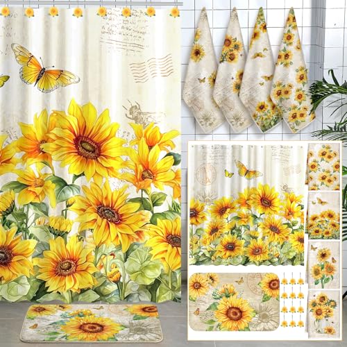 Fourluoo 18 Pcs Sunflower Shower Curtain Set Sunflower Butterfly Shower Decor Fabric Bathroom Decor Set with 12 Decorative Hooks Floral Towels Non Slip Absorbent Rug for Modern Aesthetic Bathroom