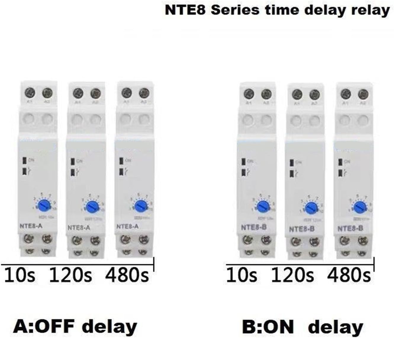 NTE8 Series 5S 10S 120S 480S Control Off Power Time Delay Relay 220V 24V On Delay NTE8-A NTE8-B Din Rail Digital Timer(24V DC,NTE8-A 48-480S)