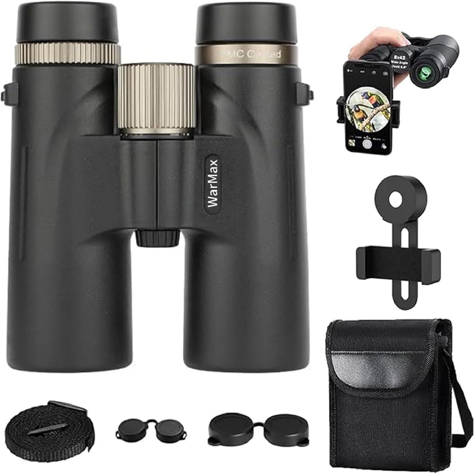 Warmax Binocolo, HD12 x 42 adulti ad alto ingrandimento, ideale per birdwatching, viaggi, osservazione delle stelle, caccia, visione più ampia, concerti, messa a fuoco intelligente (nero con Ph mobile