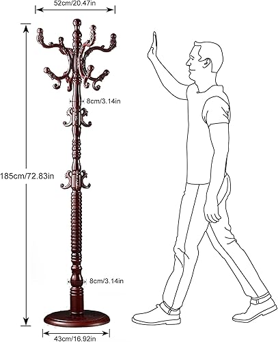 Miniatura 5 de Perchero independiente, soporte de madera con 14 ganchos, fácil montaje con base de disco estable para dormitorio, pasillo, oficina de entrada para