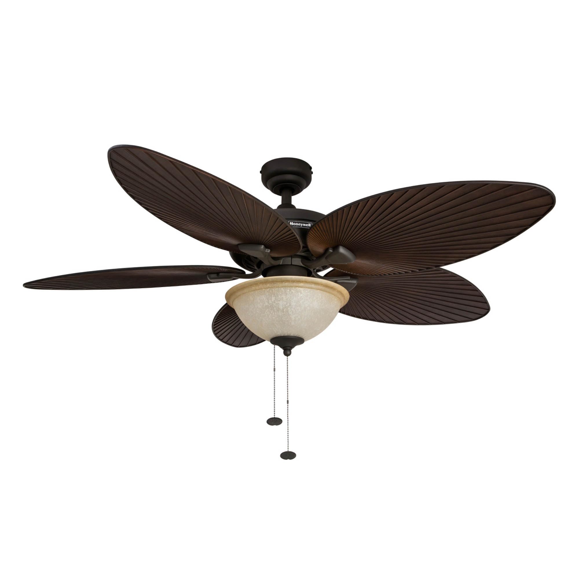 Honeywell Ceiling Fans Palm Island 52 Inch Ceiling Fan With Light, Indoor/Outdoor Ceiling Fan with Pull Chain, Tropical LED Dual-Mount 5 Palm Leaf Blade Design, ETL Damp Rated, Bronze (50202-01)