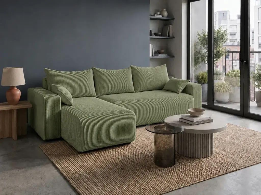 Ecksofa mit Schlaffunktion Travis 248x148 cm - Couch - Sofa mit Bettkasten - Eckcouch - L-Form - Schlaffsofa - Cord - Universal (Poso 47 Pistachio, L-Form)