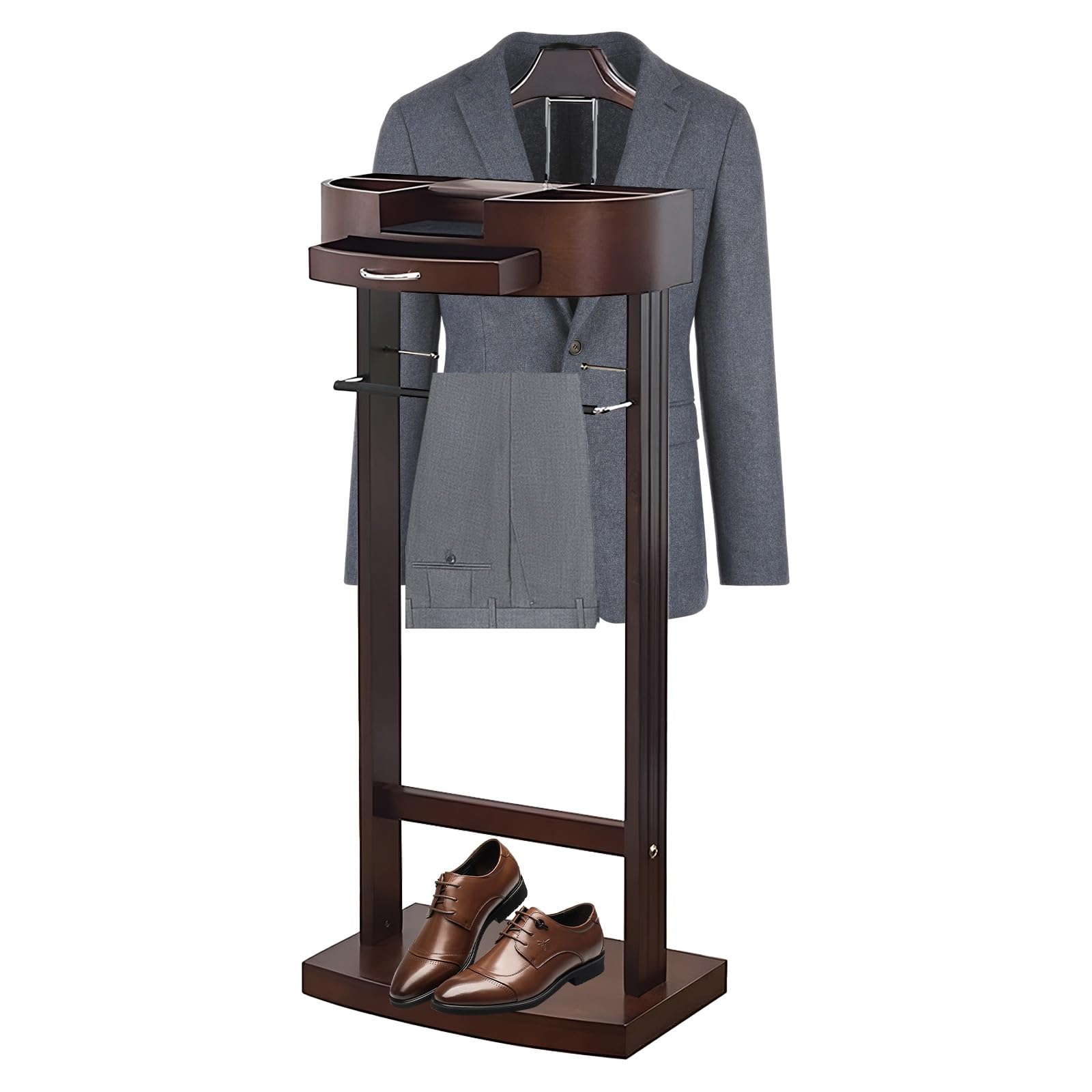 AZQOHMIS Wood Suit Valet Stand With Drawer Top Tray Women's And Men's Hanger With Metal Belt Hook Freestanding Clothes Valet Stand For Living Room Entryway Bedroom Office(Brown)