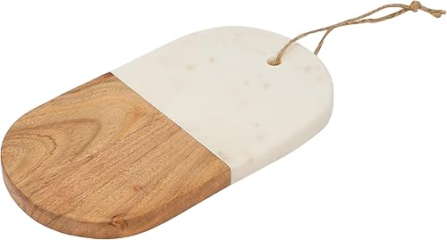 Creative Co-Op Lazo de yute de madera de mármol y acacia tablas de cortar blancas y naturales 8 pulgadas de largo x 5 pulgadas de ancho x 1 pulgada
