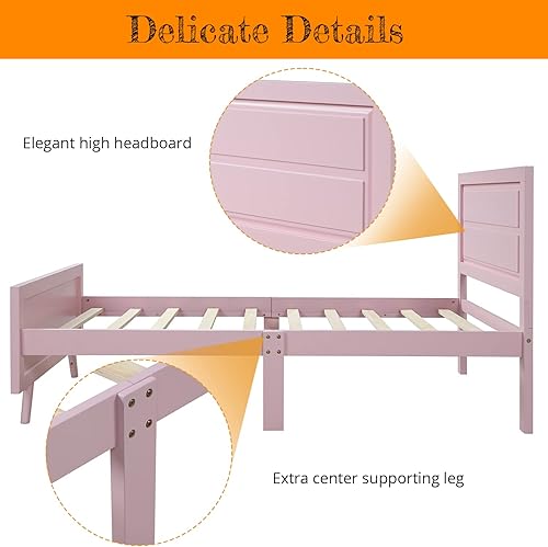 Miniatura 9 de AOCOROE Base de cama individual para cama de princesa para niñas, cama de plataforma de madera rosa tamaño individual con cabecero, tabla de pie y