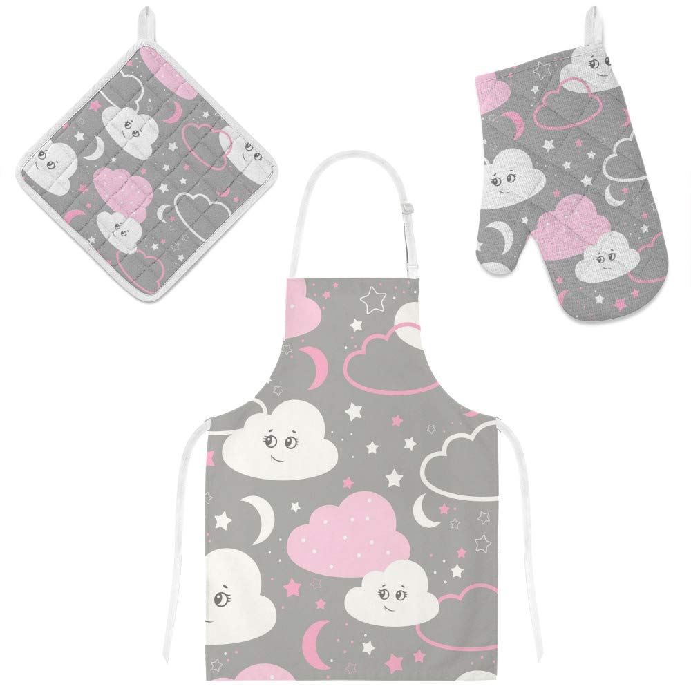 Tablier de cuisine imperméable nuages avec gant et manique pour enfants et parents