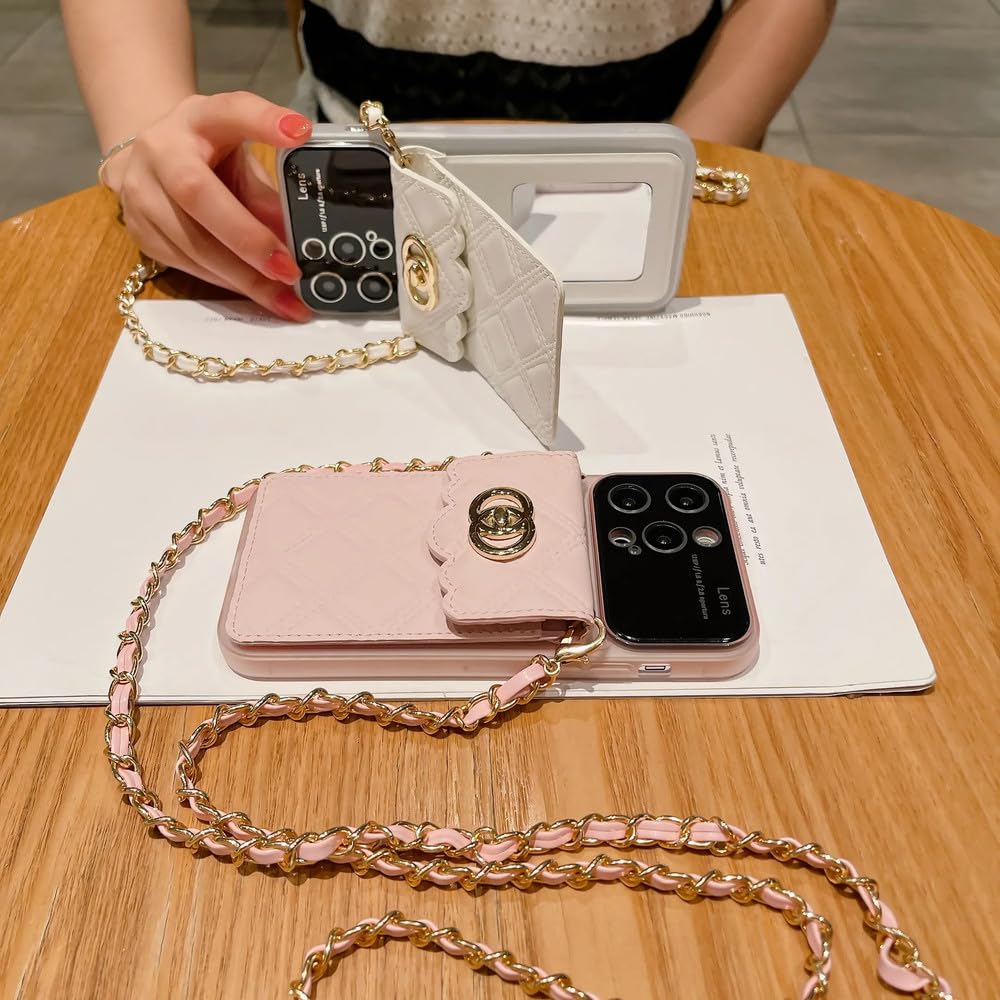 z damskim lustrem do makijażu etui na karty pasujące do iPhone 15 Pro Max 14 13 12 11 odpinany pasek na ramię etui na telefon, różowy, do iPhone 14 Pro