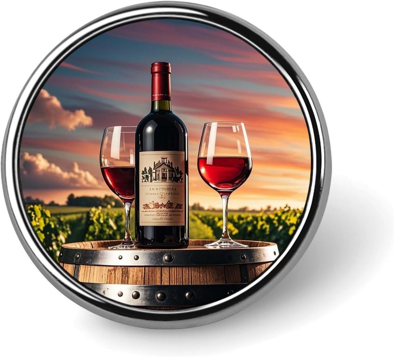 Round Metal Lapel Pin, Aluminum Alloy, Wooden Wine Barrel