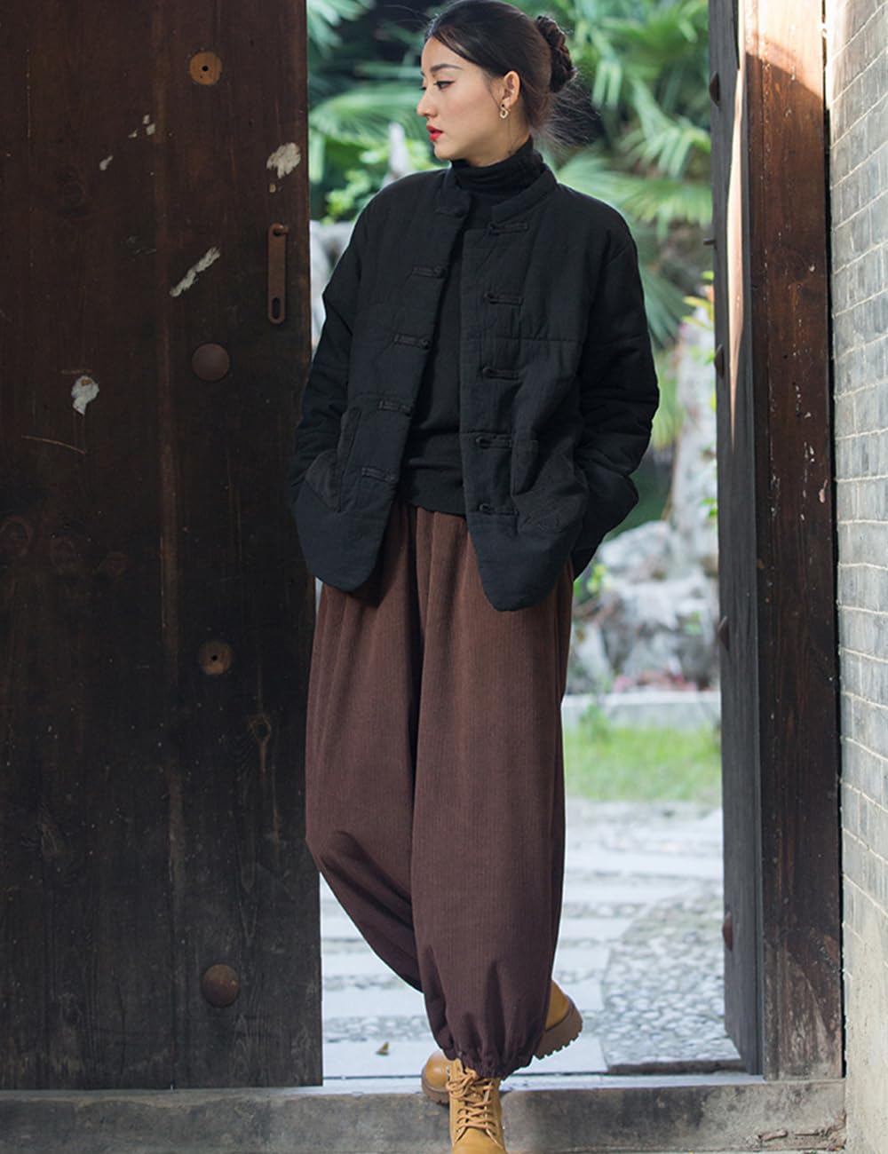 NFYM Manteaux chinois rembourrés en coton pour femme, grenouille boutonnée, veste d'hiver matelassée avec poches