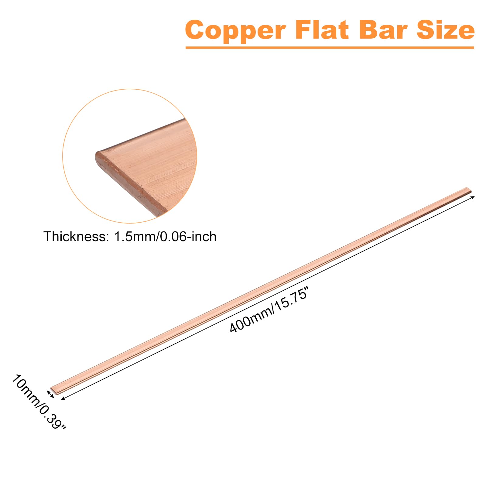 sourcing map Barre plate en cuivre, 0,2 cm d'épaisseur x 1 cm de largeur x 40 cm de long pour barre omnibus électrique (1,5 mm x 10 mm x 400 mm)