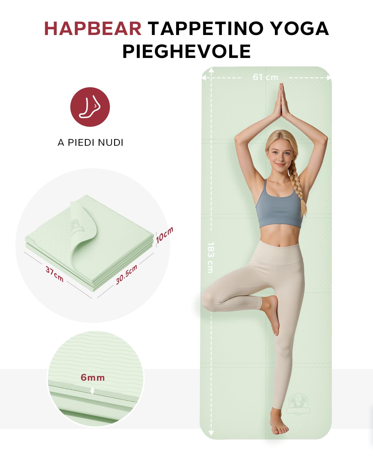 HAPBEAR Tappetino Yoga Pieghevole 183x61x0,6 cm, Tappetino Palestra Pieghevole Antiscivolo in TPE Ecologico con Borsa, Tappetino Yoga da Viaggio Portatile per Casa, Pilates, Stretching e Fitness