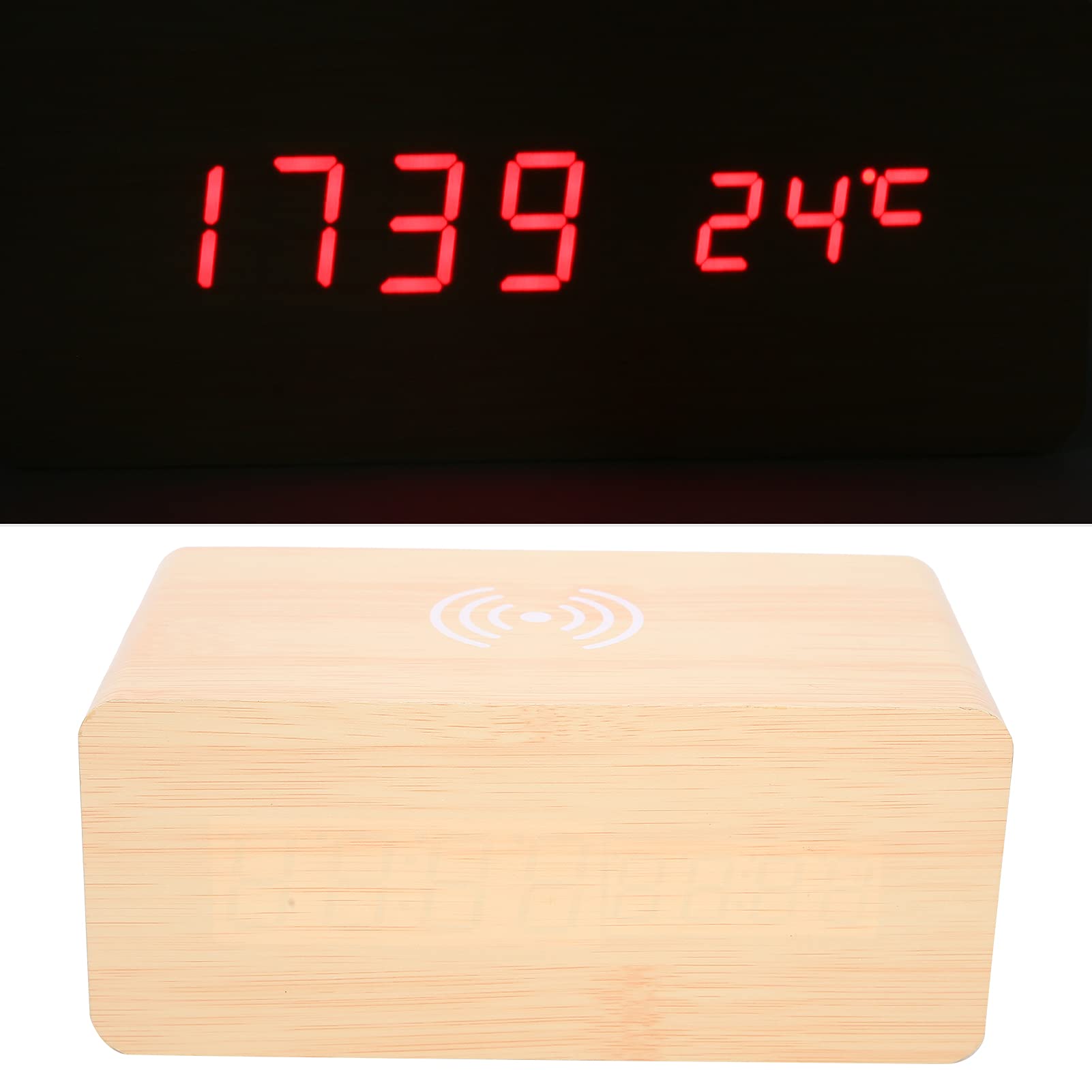 Zerodis Suministros de Oficina Altavoz Bluetooth con Despertador y Carga Inalámbrica para Uso Doméstico Multifuncional de Madera (luz roja de Madera Amarilla)
