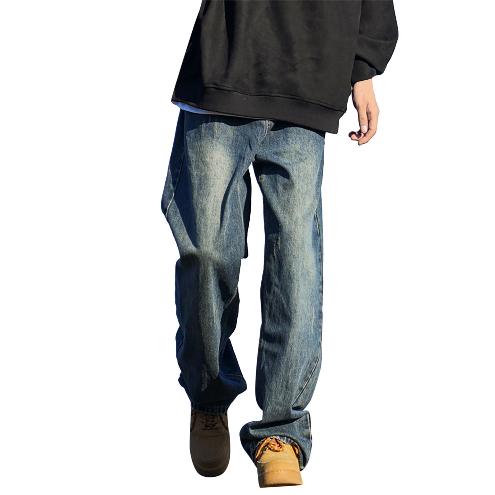 Generico Jeans Baggy Uomo Cargo Loose Elefante Fit Slim Strappati Larghi Zampa Invernali Moto Pantaloni Y2K Flared Salopette Bootcut