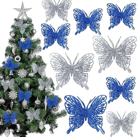 Soaoo 40 Pieces Christmas Glitter Butterfly Ornaments for Tree 5.5x3.5 Inch Blue Silver Butterfly Decorations Artificial Hanging Butterflies with Clips Cover