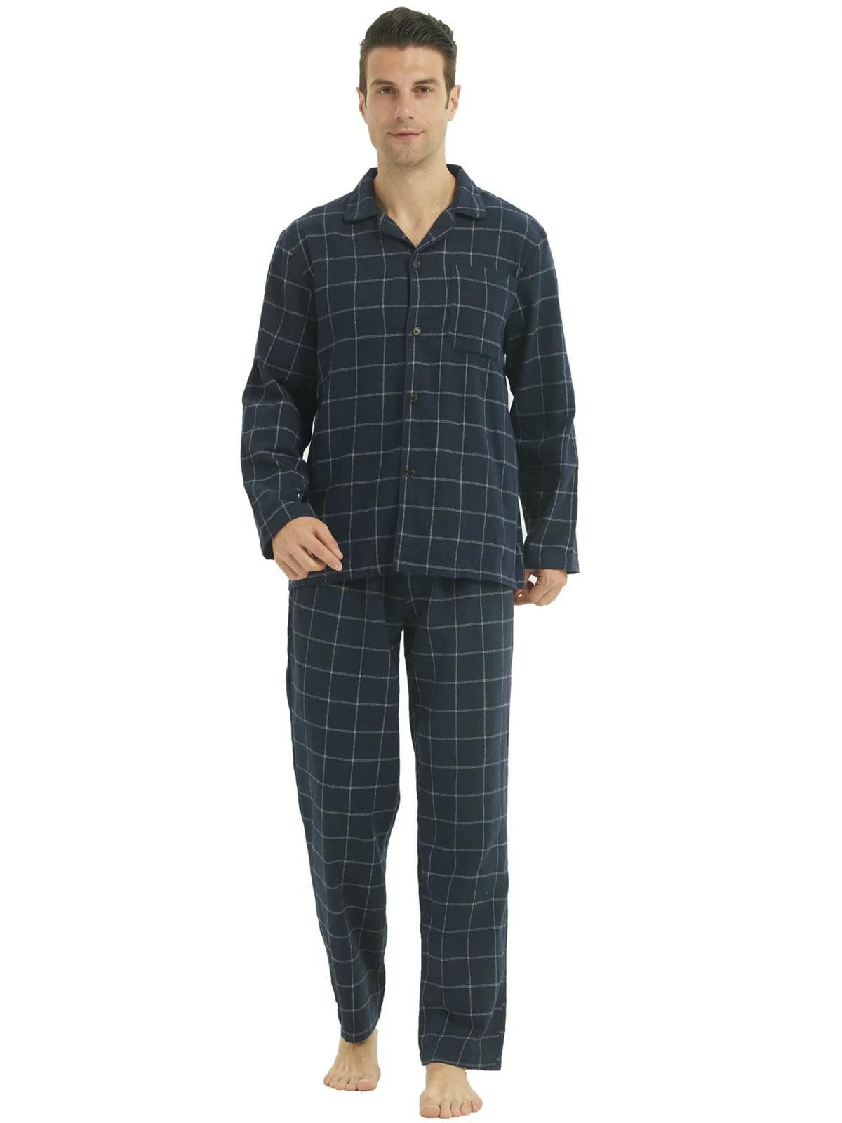 Piżama męska flanelowa, zestaw w kratkę, bawełniana bielizna nocna, ciepła miękka bielizna nocna, wygodna bielizna nocna, niebieska pled, XL