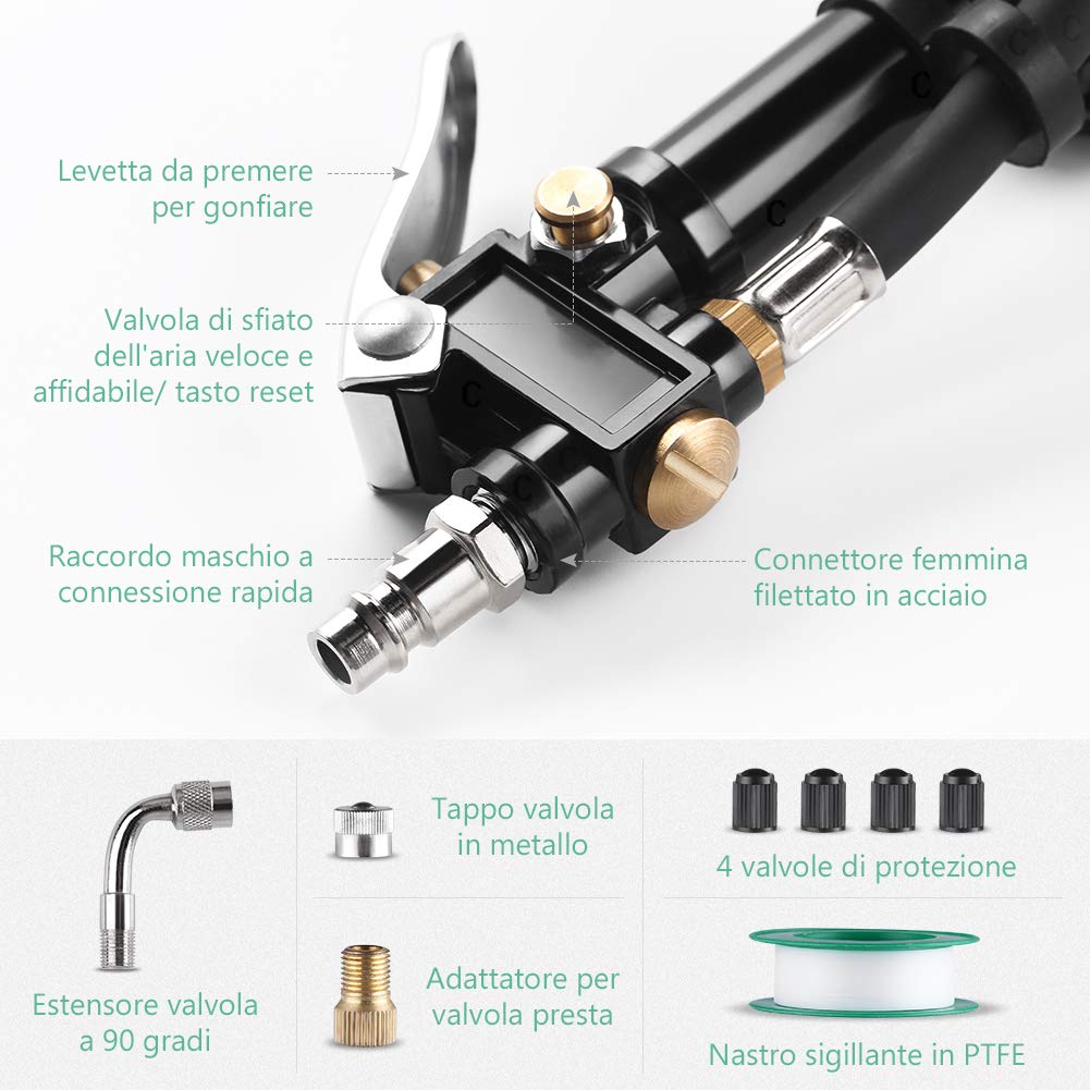 LOETAD Manometro Pressione Gomme Professionale, Manometro Digitale, Pistola Gonfiaggio Pneumatici 200 PSI Alta Precisione con Luce a LED e Schermo LCD per Auto, SUV, Camion, Moto e Biciclette