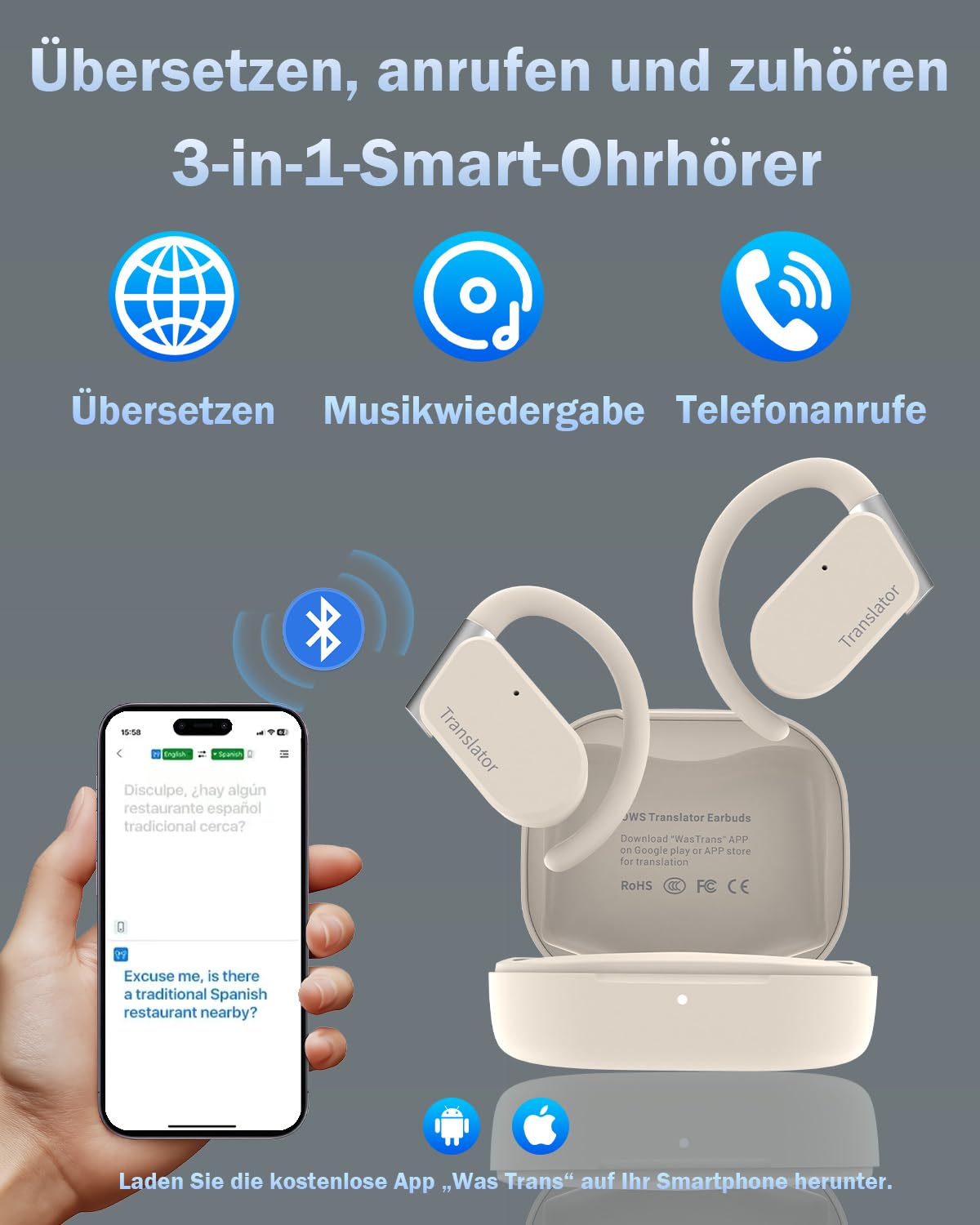 Übersetzer Kopfhörer ohne Internet, Übersetzungskopfhörer 144 Online Sprachen Übersetzer Echtzeit, 3-in-1 OWS Ai Kopfhörer Übersetzer Ohrhörer für Reisen, Business und Lernen (Beige, Online-Version)