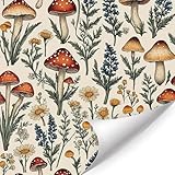 LHIUEM Vintage Mushroom Peel and Stick Wallpaper Self Adhesive Removable Wall Paper Leaf Forest Floral Daisy Mushrooms Wall Stickers Botanical Beige Wallpaper Aesthetic for Bedroom Decor(17.3X118inch)