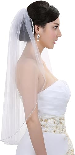 SAMKY 1T 1 Tier Pearls Bugle Beaded Bridal Wedding Veil