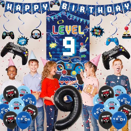 Image of Vlipoeasn Blue 9th Birthday Decorations for Boys, Video Game Level 9 Banner Backdrop Hanging Swirls for 9th Birthday Party, Gamer 9 Years Old Party Supplies