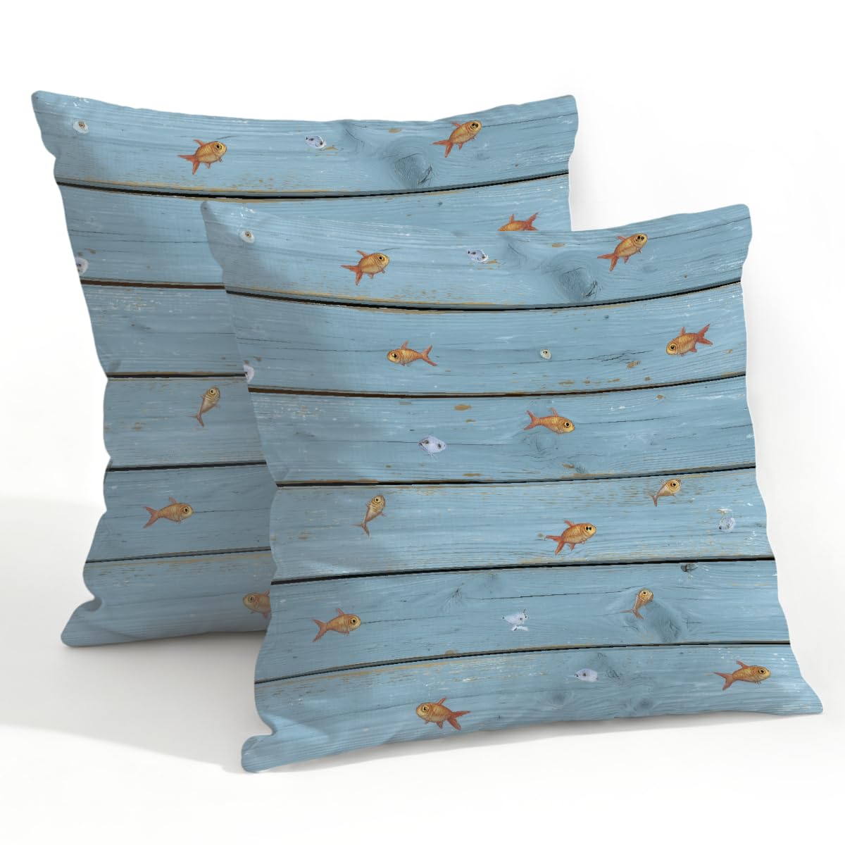 Outdoor Pillow Covers Waterproof Pillowcases 22x22in Set of 2 Small Fish On Blue Wooden Planks Decorative Throw Cushion Case for Couch Sofa Garden Patio Furniture