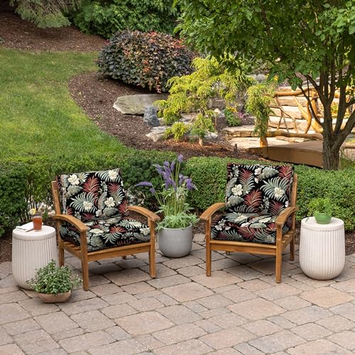 Image of Arden Outdoor Plush Modern Tufted Blowfill Deep Seat Set, 24 x 24, Water Repellent, Fade Resistant, Deep Seat Bottom and Back Cushion for Chair and Sofa, Simone Black Tropical