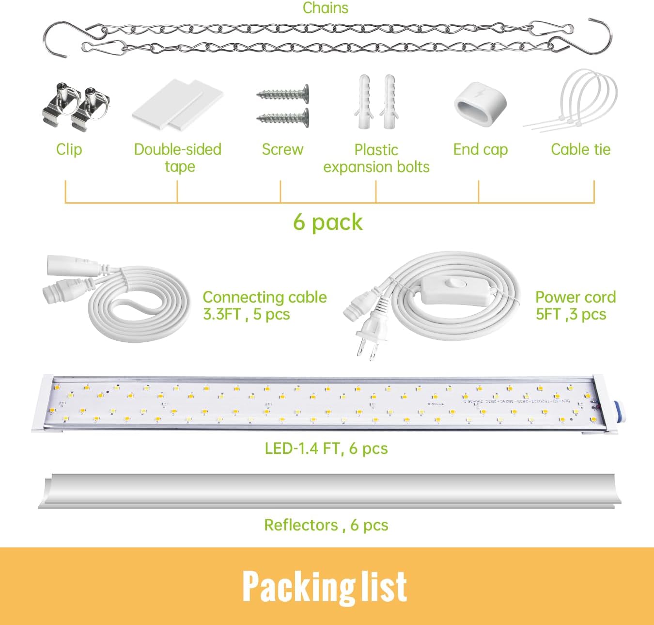 LED Grow Lights 1.4FT for Indoor Plants Full Spectrum, 660nm Hanging Grow Light 3600K, Led Plant Grow Lights for Indoor Plants, Grow Lamp with Reflectors 108W(6×18W), 6 Pack