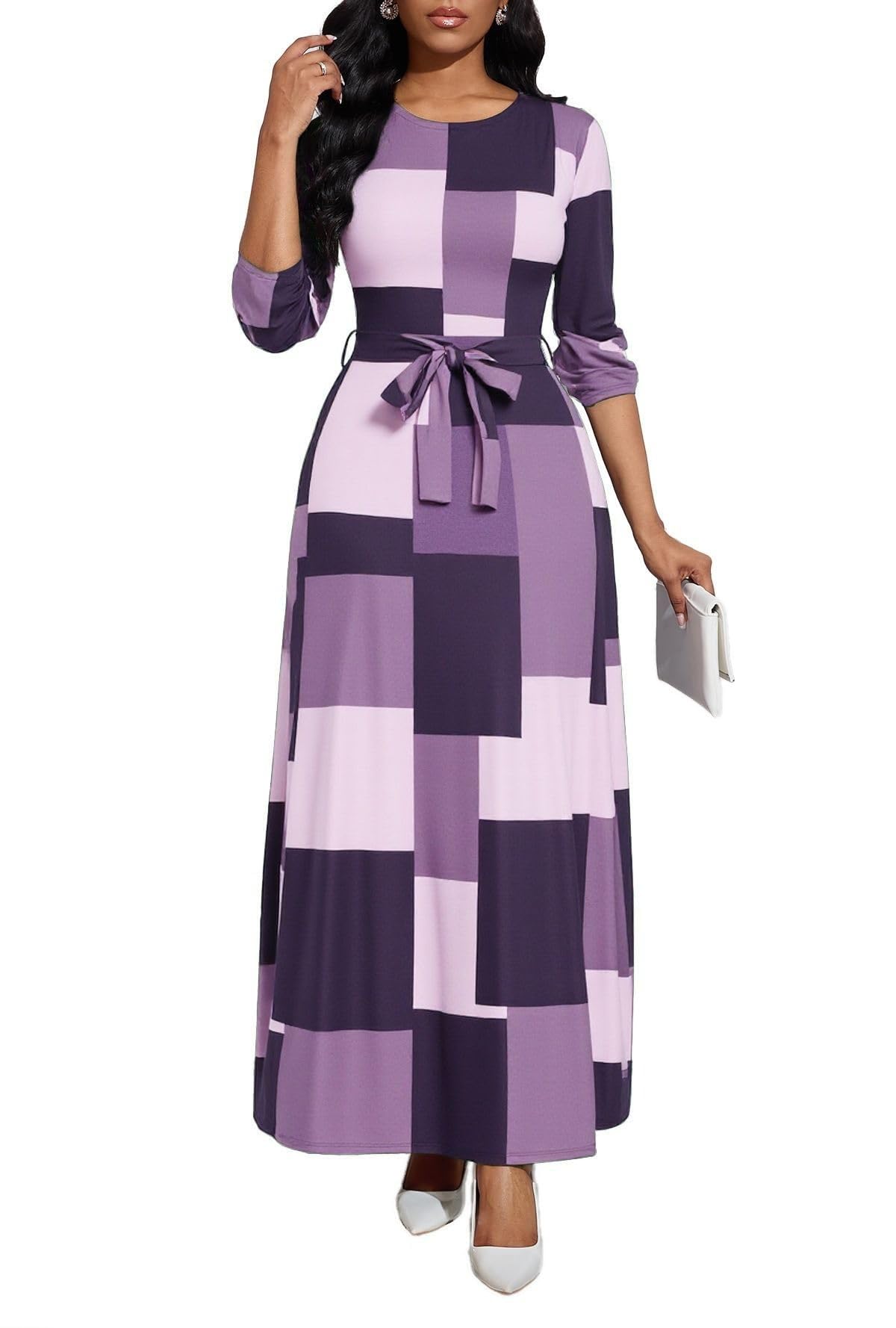 BubFee Long Dress for Women Casual Long Sleeve Dresses Maxi Dress Empire Waist Loose with Belt