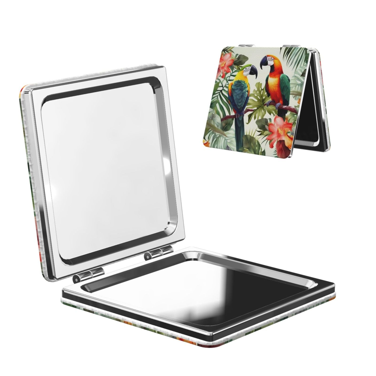 DWVTSLH Toucans Parrot Palm Tree Leaves Compact Mirror for Purse, Double-Sided 2X/1X Magnifying Mirror for Women Men, Travel Makeup Mirror for Handbag, Handheld Vanity Mirror for Gift