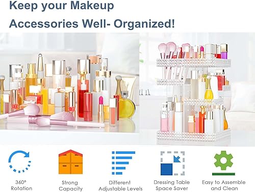 Miniatura 6 de Organizador de maquillaje giratorio, vitrina de cosméticos de gran capacidad, organizador acrílico para el cuidado de la piel con cepillo de