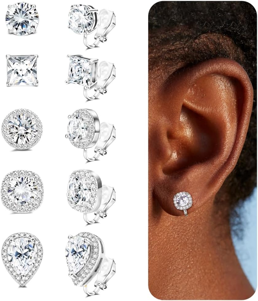 5Pairs Clip on Earrings for Women Non Pierced Diamond CZ Earrings Comfortable Silver Clip Earrings for Wedding and Dance Competitions Hypoallergenic