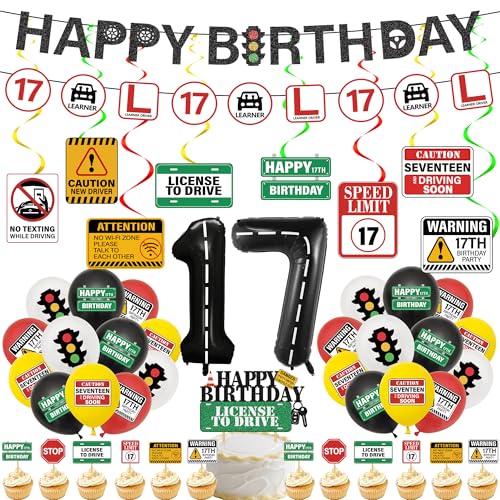 Learner Driver Gifts 17th Birthday - 49 Pcs Learner Driving Banner Hanging Swirls and Balloons 17th Driver License Car Road Signs Theme Party Supplies for 17 Year Old Birthday Decorations